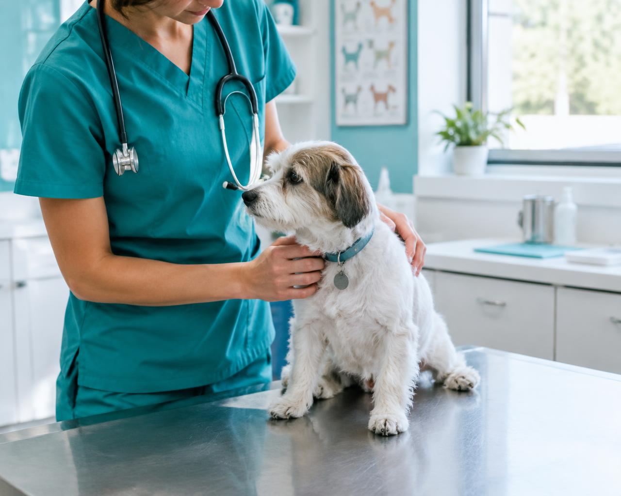Medic veterinar examinând cu blândețe un câine în cabinet